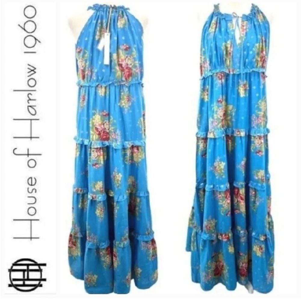 House of Harlow Anthropologie Helena Blue Floral Tiered Halter Maxi Dress NEW